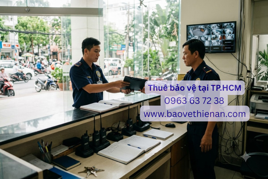 Nhân viên bảo vệ bàn giao ca trực tại doanh nghiệp